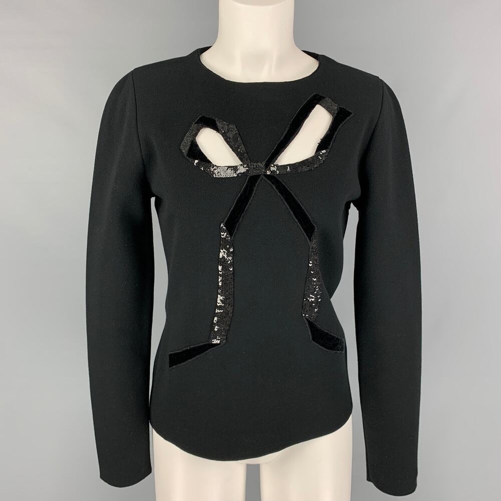 OSCAR DE LA RENTA 2021 L Black on Black Viscose Blend Sequined Cut Out Pullover